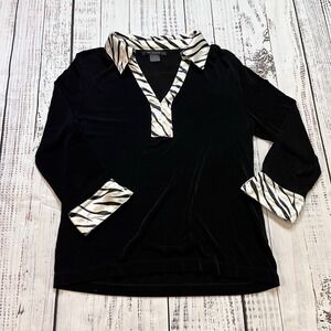 Kiara Women's Large Black Zebra Print Collar Pop-Over 3/4 Sleeve Party Blouse